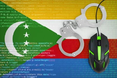Comoros flag  and handcuffed computer mouse. Combating computer crime, hacker Stock-Fotos