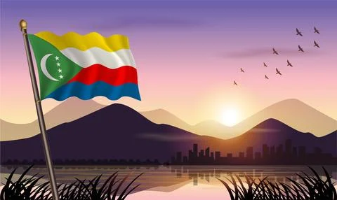 Comoros  flag flying against a beautiful sunrise sky. Stock Illustration