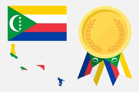 Comoros flag with map and gold medal in set for web and banners or app and .. Stock Illustration