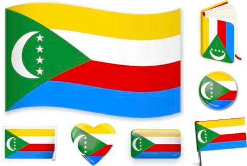 Comoros flag in seven shapes. Editable with separate layers. Stock Illustration