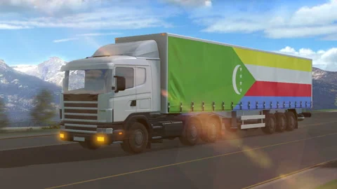 Comoros flag shown on the side of a large truck Stock Footage 122097641