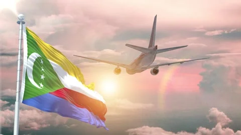 Comoros flag Waving Realistic With Sky Plane Takes Off Stock Footage 294598914