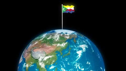 Comoros flying flag on the 3d rotated planet earth Stock Illustration