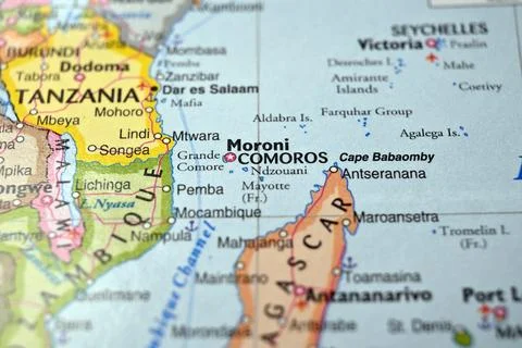Comoros Macro World Map Defocused Bokeh Background Close Up Geographic Image Stock-Fotos