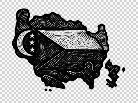 Comoros map with crescent and stars in vintage print style. Stock Illustration