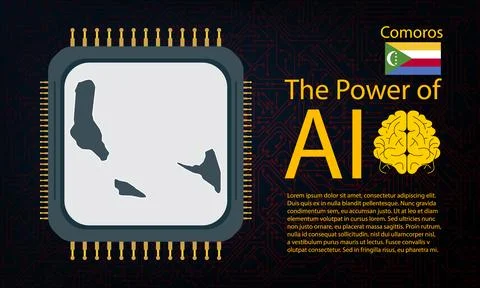 Comoros map with microchip war and AI concept on circuit board, Power of AI.. Ilustração Stock