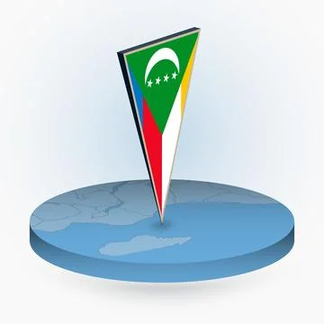 Comoros map in round isometric style with triangular 3D flag of Comoros Stock Illustration
