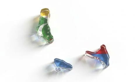 Comoros map shapes with flags in shiny glass material on white background. Stock Illustration