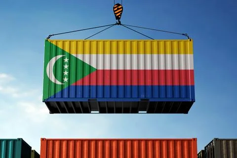 Comoros trade cargo container hanging against clouds background Stock Photos