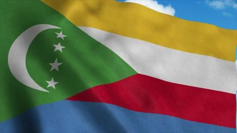 Comoros waving in the wind, blue sky background. 3d rendering Stock Illustration