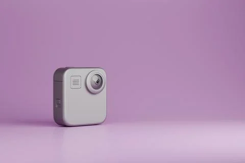 Compact action camera on purple background with copy space Stock Illustration