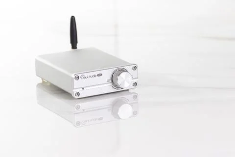 Compact Audio Amplifier With Antenna on White Background Stock Photos