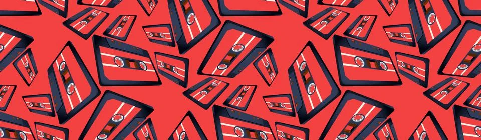 Compact cassette seamless pattern with floating or flying tape in perspective Stock Illustration