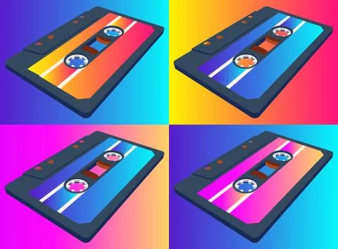 Compact cassette seamless pattern with floating or flying tape in perspective Stock Illustration