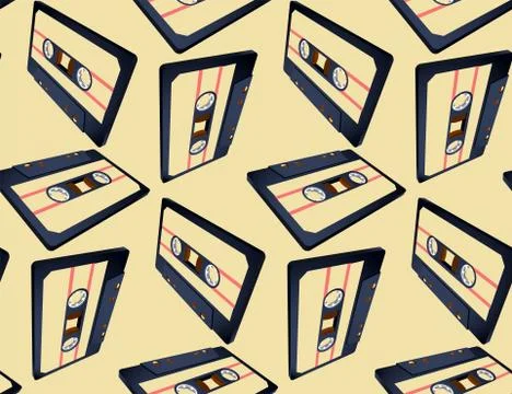 Compact cassette seamless pattern with floating or flying tape in perspective Stock Illustration
