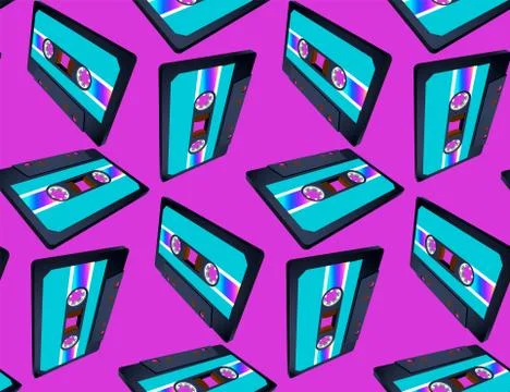 Compact cassette seamless pattern with floating or flying tape in perspective Stock Illustration