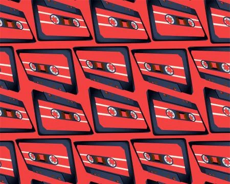 Compact cassette seamless pattern with floating or flying tape in perspective 스톡 일러스트