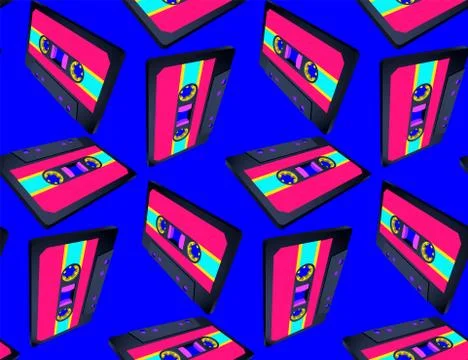 Compact cassette seamless pattern with floating or flying tape in perspective Stock Illustration