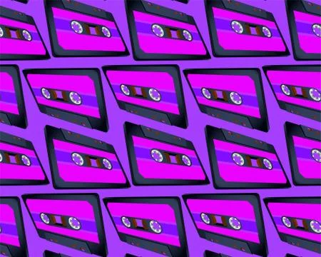 Compact cassette seamless pattern with floating or flying tape in perspective Illustrazione stock