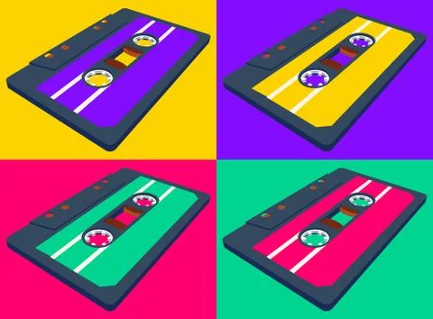 Compact cassette seamless pattern with floating or flying tape in perspective Stock Illustration