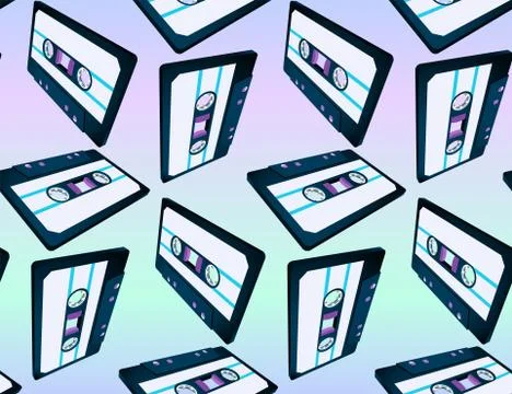 Compact cassette seamless pattern with floating or flying tape in vaporwave s Illustrazione stock