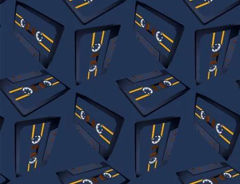 Compact cassette seamless pattern with floating or flying tape in perspective Stock Illustration