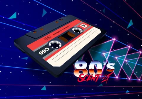 Compact cassette in space with laser rays and neon triangles for 80s styled n Stockillustratie