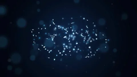 A compact cluster of bright blue nodes and tiny links pulses at the center of a 스톡 동영상 347602531