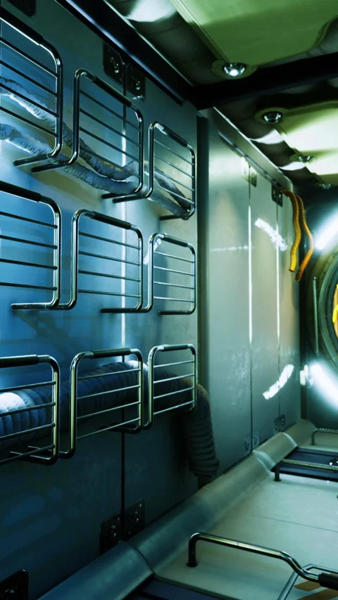 Compact crew quarters featuring stacked beds and functional design elements Stock Footage 326351134