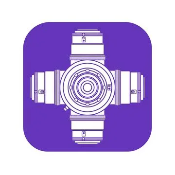 Compact cross-shaped modular space station illustration in purple backgroun.. Stock Illustration