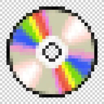 Compact disc is being shown in pixel art, displaying rainbow reflections, Stock Illustration