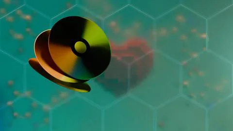 Compact discs floating over pixelated red heart and hexagon molecular patte.. Ilustración de archivo