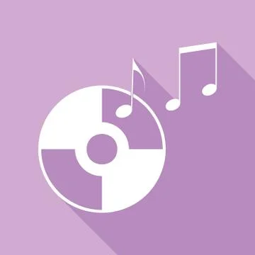 Compact disk with music notes sign. White Icon with long shadow at purple bac Illustration