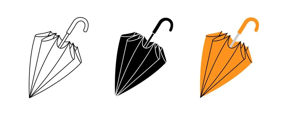 Compact folded umbrella icon in three versions outline, silhouette, and orange Stock Illustration
