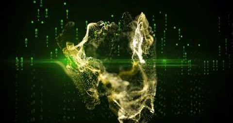 Compact golden particle cloud emerging, twisting into rotating ring showing Stock Footage 312827736