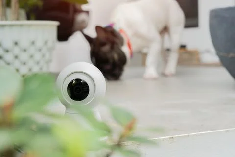 Compact indoor HD security camera rests on the balcony of the house Stock Photos