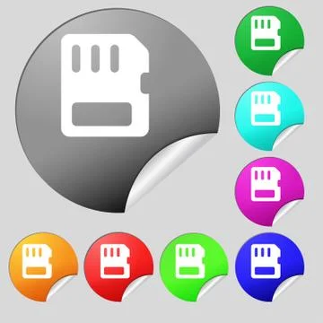 Compact memory card  icon sign. Set of eight multi-colored round buttons, sti Stock Illustration