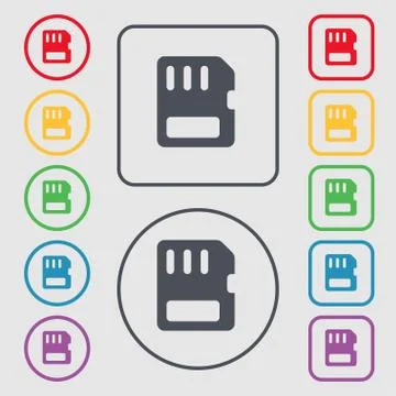 Compact memory card icon sign. symbol on the Round and square buttons with frame Illustrazione stock