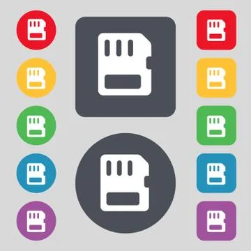 Compact memory card icon sign. A set of 12 colored buttons. Flat design. Ilustración de archivo