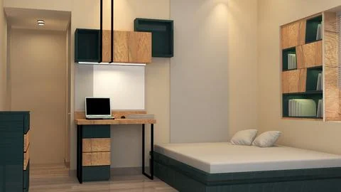 Compact Modern Bedroom with Study Table and Wooden Storage 3D Interior Ilustración de archivo