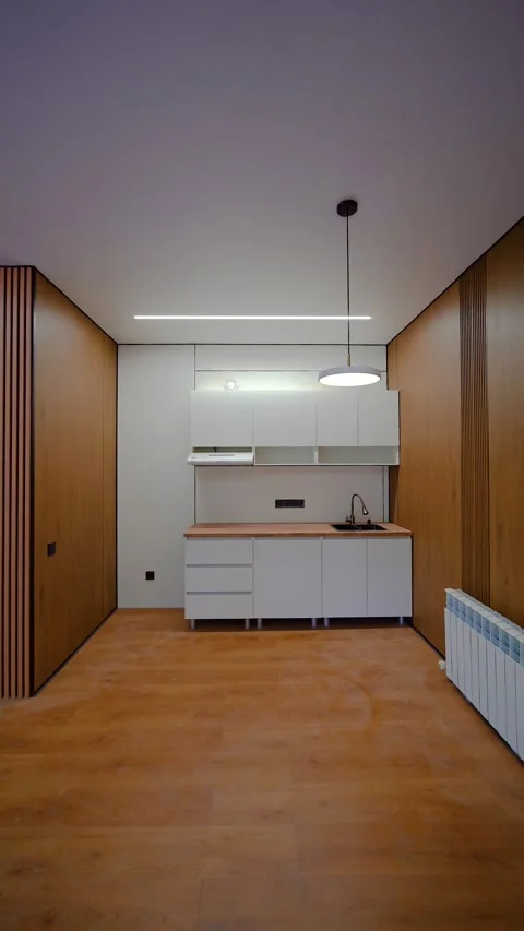 Compact Modern Kitchen in Narrow Wood Paneled Room Stock Footage 345981268