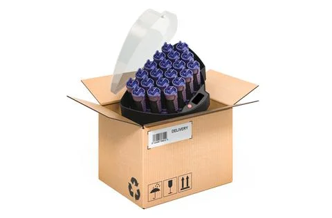 Compact Multi-Size Hot Rollers inside cardboard box, delivery concept. 3D ren Stock Illustration