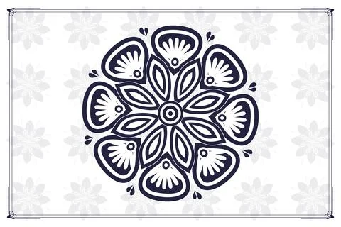 A compact navy floral mandala is centered in a wide cream composition, surr.. Иллюстрация