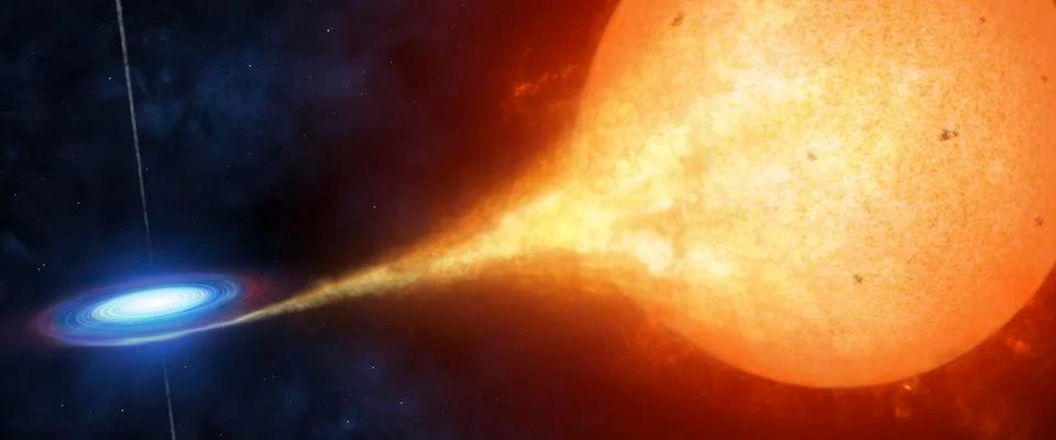 A compact object, or a black hole, is seen ripping off gas from its' sun-like Stock Illustration