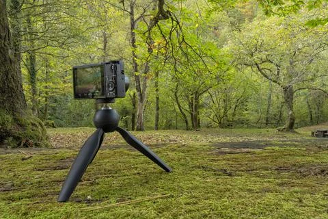 A compact photo camera mounted on a lightweight travel tripod Stock Photos