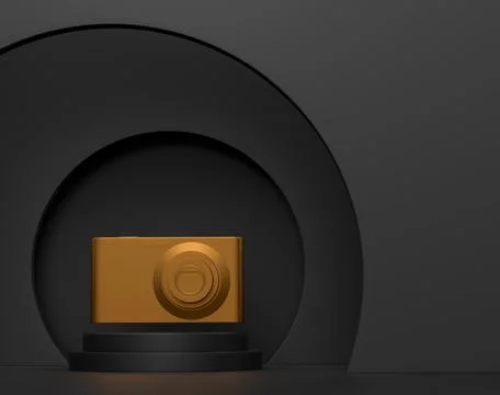 Compact pocket digital camera on cylinder podium with step on monochrome Illustrazione stock