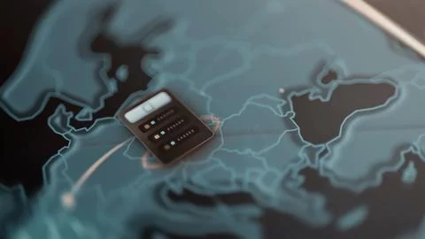 Compact server rack stands over Europe while a bright orange data route curves 库存照片