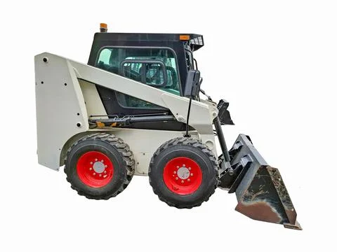 Compact skid steer loader with red wheel rims and heavy duty bucket shown i.. Stock-Fotos