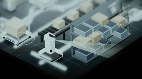 Compact sorting robot faces organized package grid Stock Footage 344099561