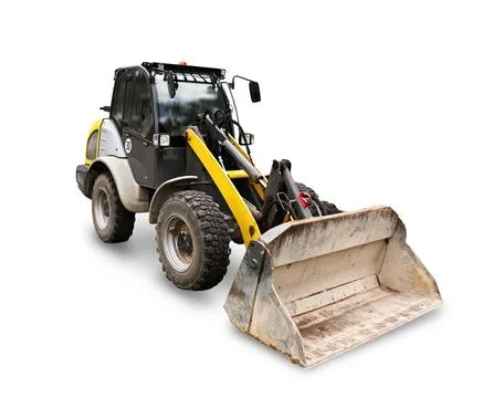 A compact tractor with a front loader, isolated on a white background. The .. Stock Photos